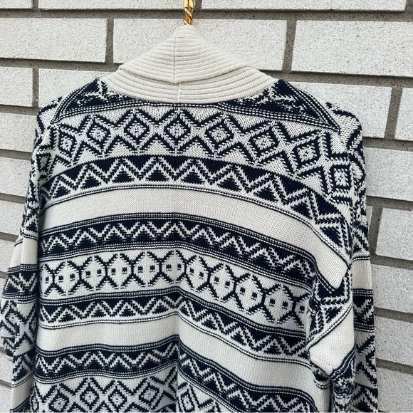 Chaps Fair Isle Shawl Collar Cardigan Sweater Navy Cream Cotton Nordic Ski M - Picture 6 of 8